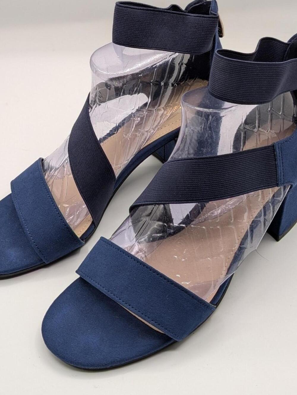 Liz Claiborne Size 8 Emerson Navy Blue Faux Suede Block Heel Strappy Sandals